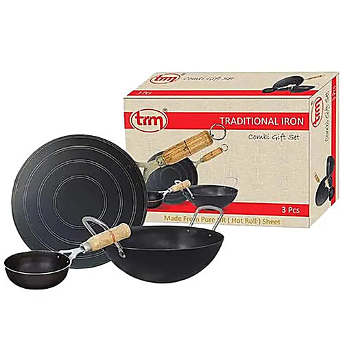 Trm Pure Iron Cookware Set Combo, 1 Pc Tawa (9") 1 Pc Deep Fry Kadai (7") & 1 Pc Tadka Pan (5") Nonstick Cookware, Set of 3  