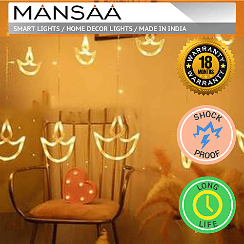 Mansaa Diya Curtain String Lights - 108 LEDs With Flashing Modes, 2.5 m, For Home Decor, Warm White, 1 pc  