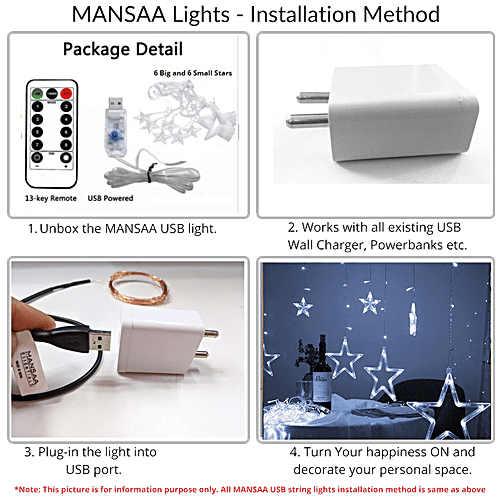 Mansaa 115 LEDs Star String Lights For Home Decor - With Flashing Modes, Remote & USB Adapter, 1.8 M, Cool White, 1 pc