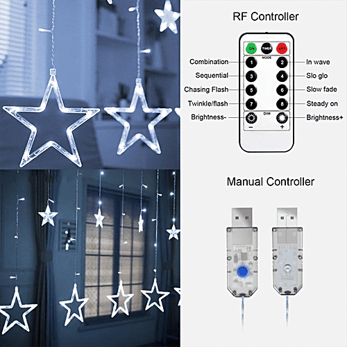 Mansaa 115 LEDs Star String Lights For Home Decor - With Flashing Modes, Remote & USB Adapter, 1.8 M, Cool White, 1 pc