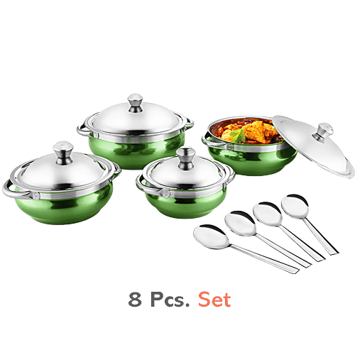 Jensons Stainless Steel Cook & Serve Urli/Handi - With Lid & Serving Spoon Set, Green (12.5 cm, 14 cm, 16 cm, 18 cm), 8 pcs (500 ml, 750 ml, 1.1 L, 1.55 L)