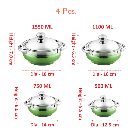 Jensons Stainless Steel Cook & Serve Urli/Handi - With Lid & Serving Spoon Set, Green (12.5 cm, 14 cm, 16 cm, 18 cm), 8 pcs (500 ml, 750 ml, 1.1 L, 1.55 L)