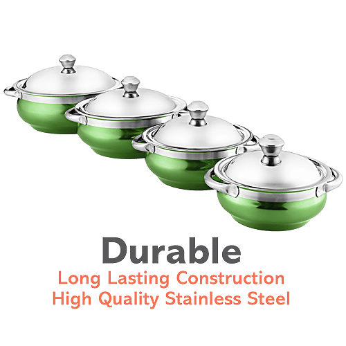 Jensons Stainless Steel Cook & Serve Urli/Handi - With Lid & Serving Spoon Set, Green (12.5 cm, 14 cm, 16 cm, 18 cm), 8 pcs (500 ml, 750 ml, 1.1 L, 1.55 L)