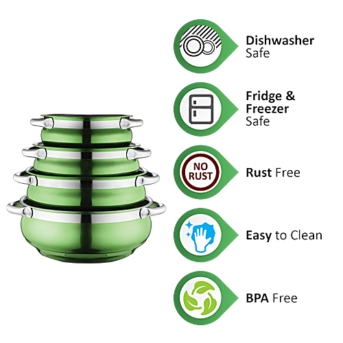 Jensons Stainless Steel Cook & Serve Urli/Handi - With Lid & Serving Spoon Set, Green (12.5 cm, 14 cm, 16 cm, 18 cm), 8 pcs (500 ml, 750 ml, 1.1 L, 1.55 L)
