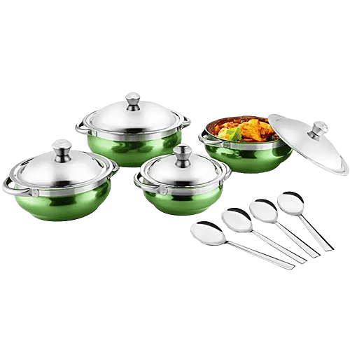 Jensons Stainless Steel Cook & Serve Urli/Handi - With Lid & Serving Spoon Set, Green (12.5 cm, 14 cm, 16 cm, 18 cm), 8 pcs (500 ml, 750 ml, 1.1 L, 1.55 L)