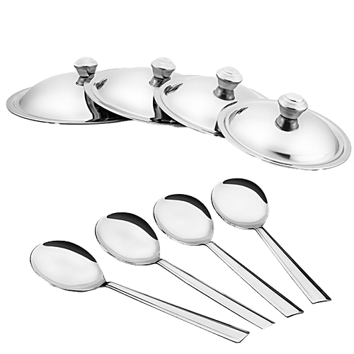 Jensons Stainless Steel Cook & Serve Urli/Handi - With Lid & Serving Spoon Set, Red (12.5 cm, 14 cm, 16 cm, 18 cm), 8 pcs (500 ml, 750 ml, 1.1 L, 1.55 L) 