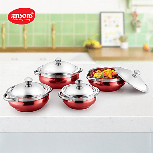 Jensons Stainless Steel Cook & Serve Urli/Handi - With Lid & Serving Spoon Set, Red (12.5 cm, 14 cm, 16 cm, 18 cm), 8 pcs (500 ml, 750 ml, 1.1 L, 1.55 L) 