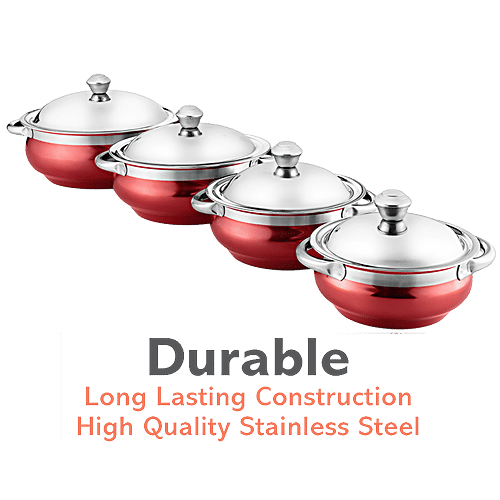 Jensons Stainless Steel Cook & Serve Urli/Handi - With Lid & Serving Spoon Set, Red (12.5 cm, 14 cm, 16 cm, 18 cm), 8 pcs (500 ml, 750 ml, 1.1 L, 1.55 L) 