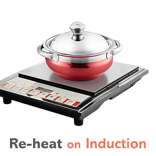 Jensons Stainless Steel Cook & Serve Urli/Handi - With Lid & Serving Spoon Set, Red (12.5 cm, 14 cm, 16 cm, 18 cm), 8 pcs (500 ml, 750 ml, 1.1 L, 1.55 L) 