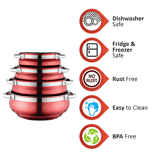 Jensons Stainless Steel Cook & Serve Urli/Handi - With Lid & Serving Spoon Set, Red (12.5 cm, 14 cm, 16 cm, 18 cm), 8 pcs (500 ml, 750 ml, 1.1 L, 1.55 L) 