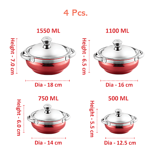 Jensons Stainless Steel Cook & Serve Urli/Handi - With Lid & Serving Spoon Set, Red (12.5 cm, 14 cm, 16 cm, 18 cm), 8 pcs (500 ml, 750 ml, 1.1 L, 1.55 L) 