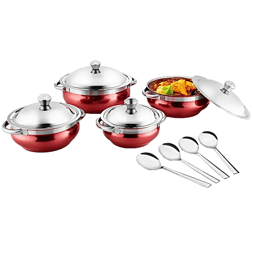 Jensons Stainless Steel Cook & Serve Urli/Handi - With Lid & Serving Spoon Set, Red (12.5 cm, 14 cm, 16 cm, 18 cm), 8 pcs (500 ml, 750 ml, 1.1 L, 1.55 L) 