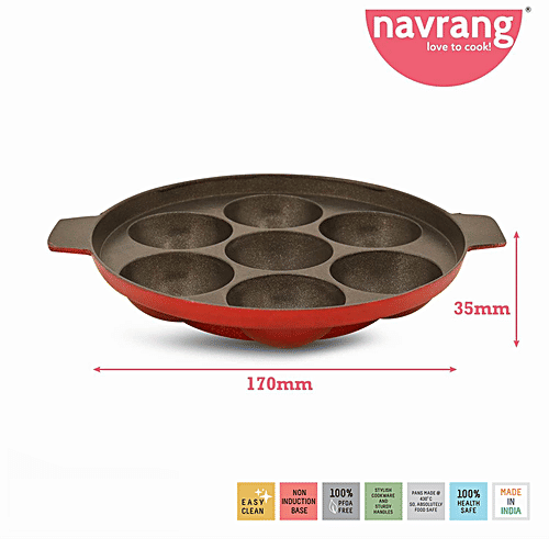 Navrang Die Cast Non-Stick Aluminium Appam Patra/Paniyarakkal/Paddu Maker - Scratch Resistant, 17 cm, 7 Pits, 1 pc