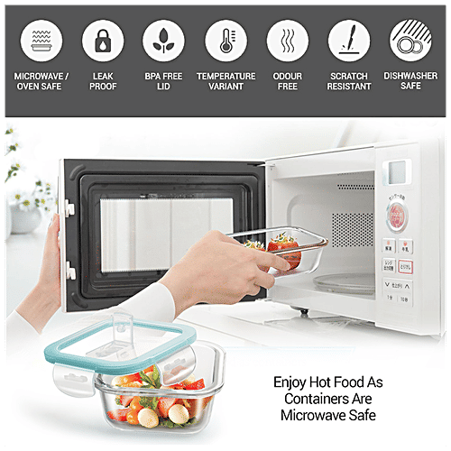 Treo Lunch Box - All Fresh Square Glass Tiffin Containers With Jacket, Grey BPA Free, 320 ml (Set of 3) 