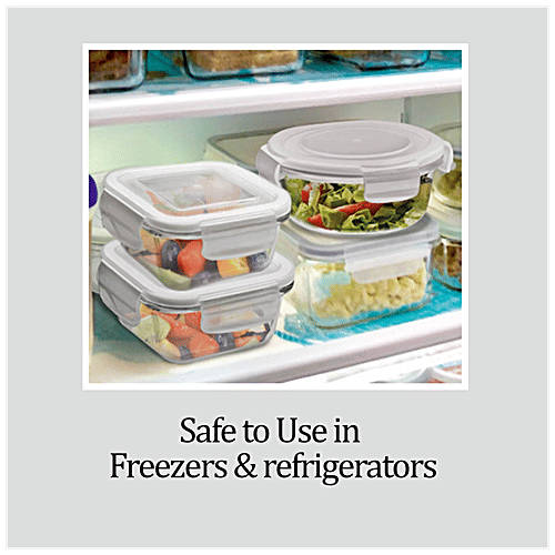 Treo Lunch Box - All Fresh Square Glass Tiffin Containers With Jacket, Grey BPA Free, 320 ml (Set of 3) 