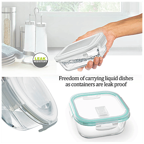 Treo Lunch Box - All Fresh Square Glass Tiffin Containers With Jacket, Grey BPA Free, 320 ml (Set of 3) 