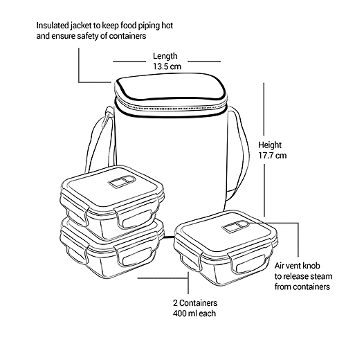 Treo Lunch Box - All Fresh Square Glass Tiffin Containers With Jacket, Grey BPA Free, 320 ml (Set of 3) 