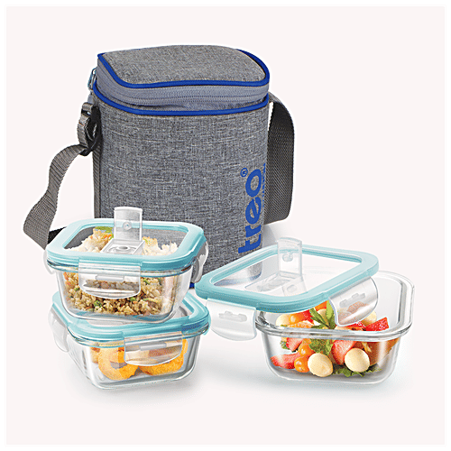 Treo Lunch Box - All Fresh Square Glass Tiffin Containers With Jacket, Grey BPA Free, 320 ml (Set of 3) 