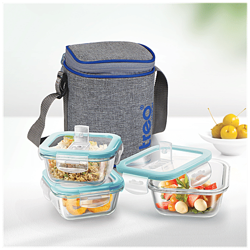 Treo Lunch Box - All Fresh Square Glass Tiffin Containers With Jacket, Grey BPA Free, 320 ml (Set of 3) 