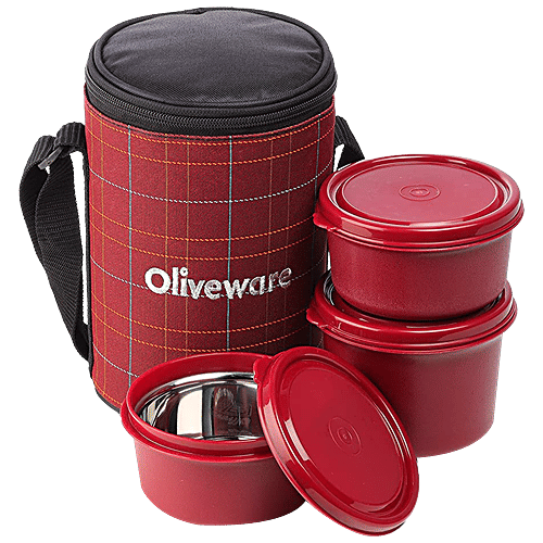 Oliveware Amber Lunch Box With Bag - Freezer & Dishwasher Safe, Red, 4 pcs  
