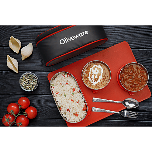 Oliveware Sophia Lunch Box With Steel Spoon, Fork & Bag Dist - High Quality, Red, 6 pcs