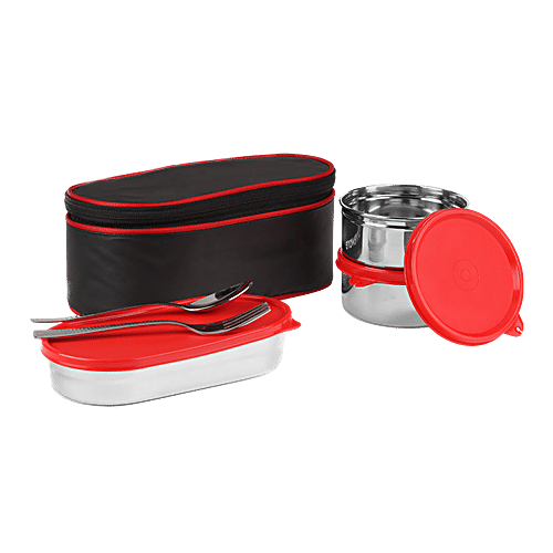 Oliveware Sophia Lunch Box With Steel Spoon, Fork & Bag Dist - High Quality, Red, 6 pcs