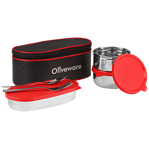 Oliveware Sophia Lunch Box With Steel Spoon, Fork & Bag Dist - High Quality, Red, 6 pcs