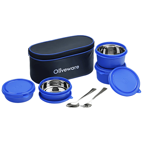 Oliveware Valley Lunch Box - With Steel Spoon & Fork, Blue, Spill-proof, Air Tight, 4 pcs