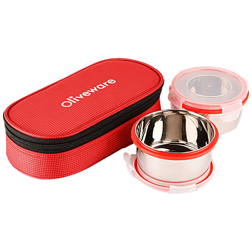 Oliveware Crunch Lunch Box - Stainless Steel, Plastic Lids, Red, With Bag, Spill-proof, 350 ml (Set of 2)
