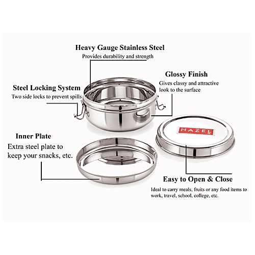 Hazel Stainless Steel Traditional Design Lunch/Tiffin Container - With Locking Clip, Durable, 500 ml (1 pc)