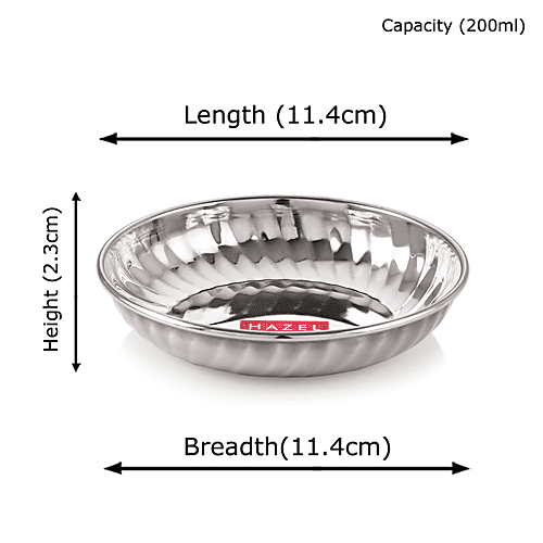 Hazel Stainless Steel Serving Sweet Dish/Dessert Plate - Glossy Finish, Durable, Silver, 200 ml (Set of 6) 