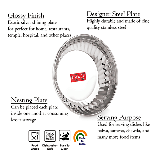 Hazel Stainless Steel Serving Sweet Dish/Dessert Plate - Glossy Finish, Durable, Silver, 200 ml (Set of 6) 