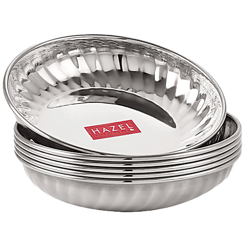 Hazel Stainless Steel Serving Sweet Dish/Dessert Plate - Glossy Finish, Durable, Silver, 200 ml (Set of 6) 
