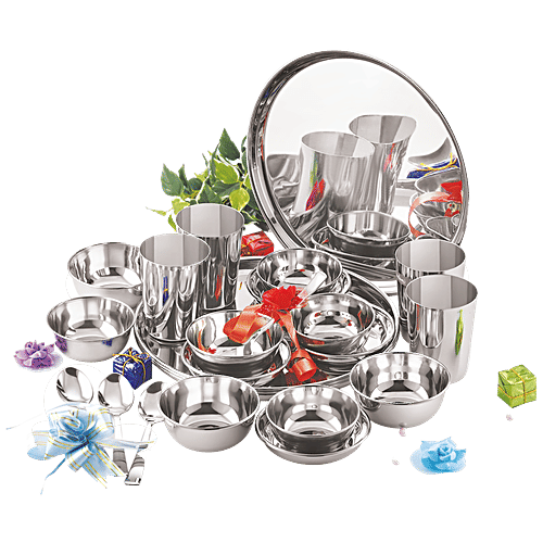 Neelam Stainless Steel Premium Dinner Set - Mirror Finish, Sturdy & Durable, Rust Free, 24 pcs