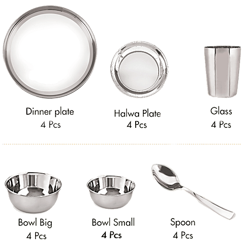 Neelam Stainless Steel Premium Dinner Set - Mirror Finish, Sturdy & Durable, Rust Free, 24 pcs