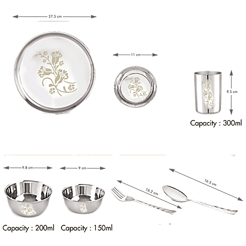 Neelam Stainless Steel Dinner Set - Laser Etched Floral, Sturdy & Durable, Rust Free, 28 pcs
