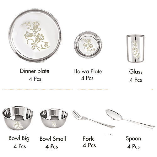 Neelam Stainless Steel Dinner Set - Laser Etched Floral, Sturdy & Durable, Rust Free, 28 pcs