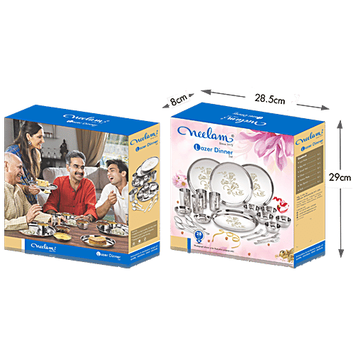 Neelam Stainless Steel Dinner Set - Laser Etched Floral, Sturdy & Durable, Rust Free, 28 pcs