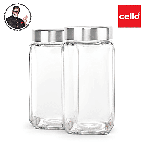 Cello Glass Jar For Storage - With See Through Lid Borosilicate, Qube, 1 L (Set of 2) 