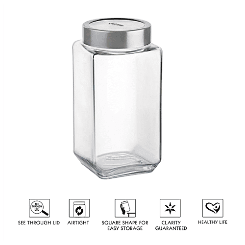 Cello Glass Jar For Storage - With See Through Lid Borosilicate, Qube, 1 L (Set of 2) 