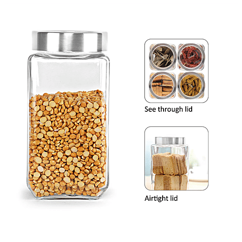 Cello Glass Jar For Storage - With See Through Lid Borosilicate, Qube, 1 L (Set of 2) 