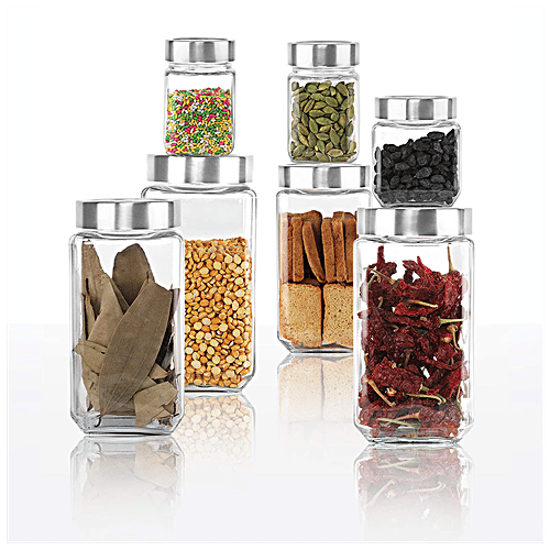 Cello Glass Jar For Storage - With See Through Lid Borosilicate, Qube, 1 L (Set of 2) 
