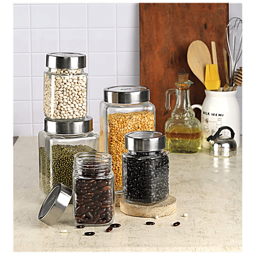 Cello Glass Jar For Storage - With See Through Lid Borosilicate, Qube, 1 L (Set of 2) 