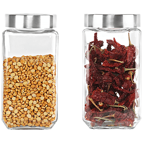 Cello Glass Jar For Storage - With See Through Lid Borosilicate, Qube, 1 L (Set of 2) 