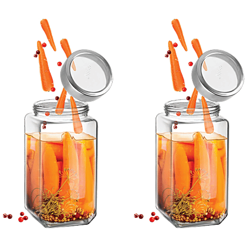 Cello Glass Jar For Storage - With See Through Lid Borosilicate, Qube, 1 L (Set of 2) 