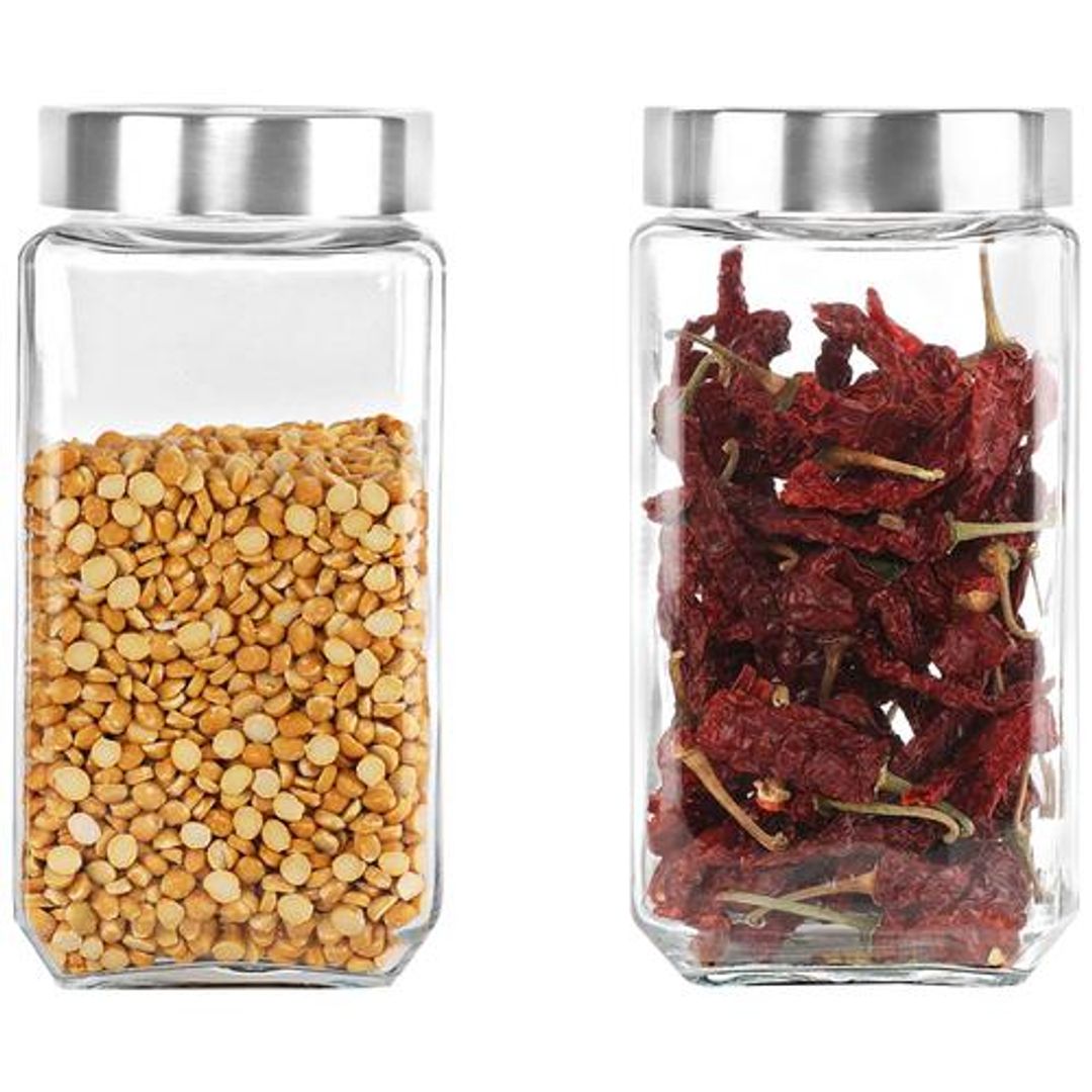 Cello Glass Jar For Storage With See Through Lid - Borosilicate, Qube, 1 L (Set of 2)