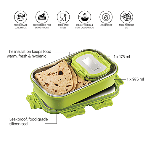 Cello Thermo Click Lunch Pack - Stainless Steel, Big, Green, Leak-proof, For Office & School Use, 925 ml  