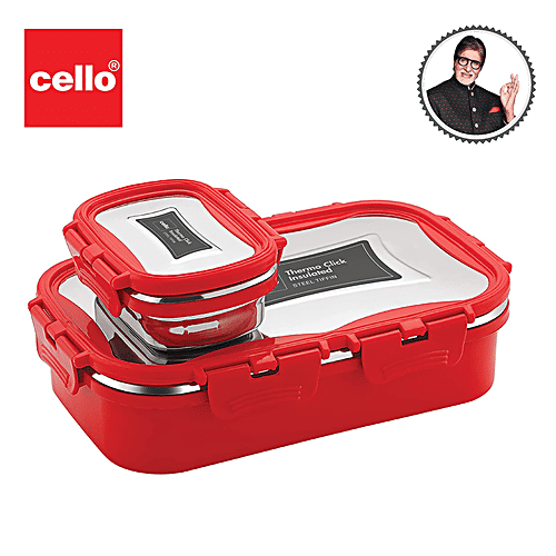 Cello Thermo Click Lunch Pack - Stainless Steel, Big, Red, Leak-proof, For Office & School Use, 925 ml
