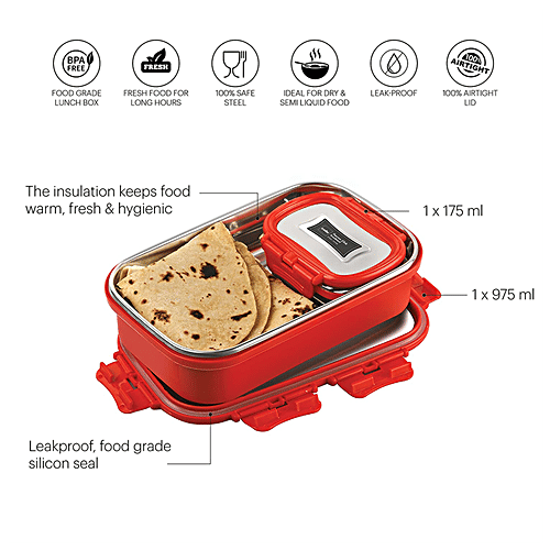 Cello Thermo Click Lunch Pack - Stainless Steel, Big, Red, Leak-proof, For Office & School Use, 925 ml