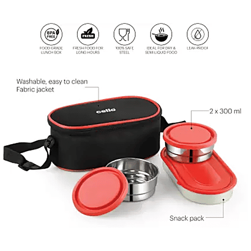 Cello Exe Lunch Box - Stainless Steel, Red, For Office & School, Washable, Easy To Clean, 300 ml (Set of 3) 